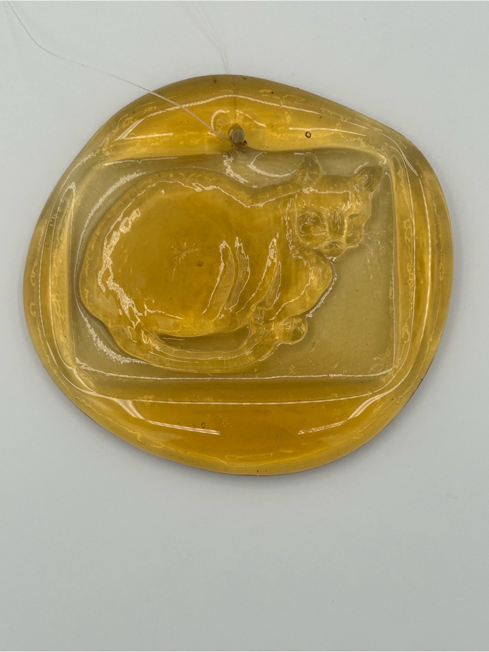 Vintage Blenko Pressed Glass Suncatcher Cat Design Amber 4" Wide Ornament